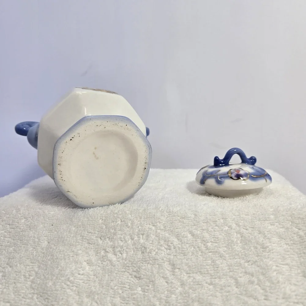 Vintage Footed Apothecary Jar Blue Floral Pattern Cottagecore Grannycore